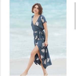 Roxy District Day Gray Floral Maxi Wrap Dress